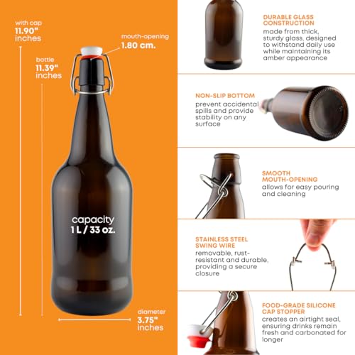 FastRack Swing Top Bottles | 33 oz – Pack of 12 | Amber Flip Top Glass Bottles for Home Brewing, Carbonated Drinks, Kombucha, Fermentation, Water | Food Grade – ECO Friendly