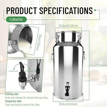 5.28 Gallon Milk Can with Spigot Stainless Steel Milk Bucket Wine Pail 20Liter with 2 Handles Sealed Lid Water Oil Liquid Barrel for Kitchen Farm Home Use - size: 20L