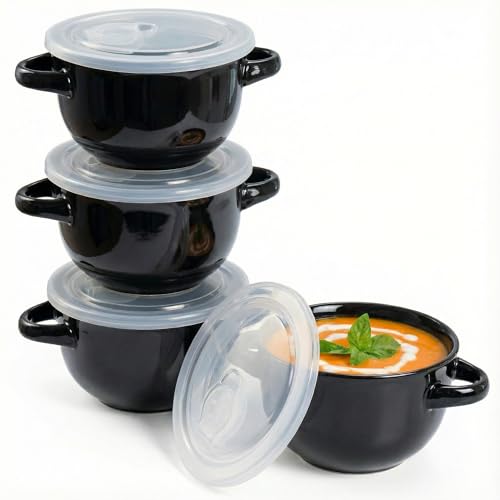 KooK French Onion Soup Crocks with Handles, Ceramic Bowls, for Rice, Dessert, Pasta, Dishwasher, Microwave, Oven & Broil Safe, Black, Set of 4, 18 oz - color: Black