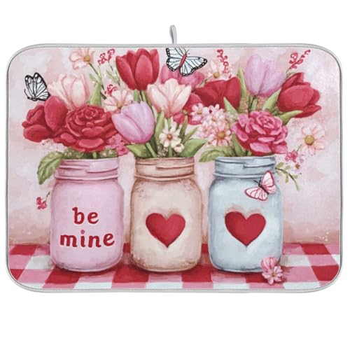Kcldeci Three Mason Jars Red and Pink Roses Dish Drying Mat Kitchen Counter Mat Draining Mat Kitchen Accessories Dish Rack Pad for Dishes, Utensils, Countertops, Sinks 18x24in - color: three mason jars red and pink roses, size: 18x24in