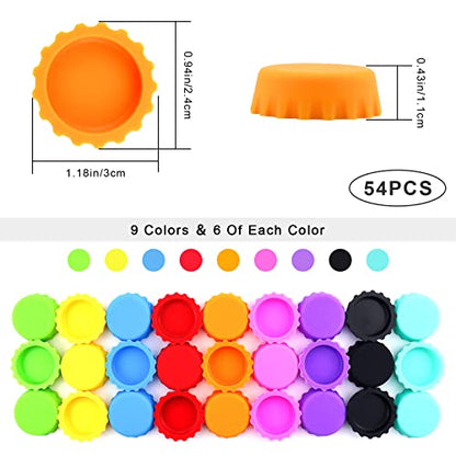54 PCS Silicone Rubber Bottle Caps, 9 Colors Reusable Beer Caps for Home Brewing Beer, Soft Drink, Wine Bottle, Beer Bottle, Soda Bottles Kitchen Gadgets