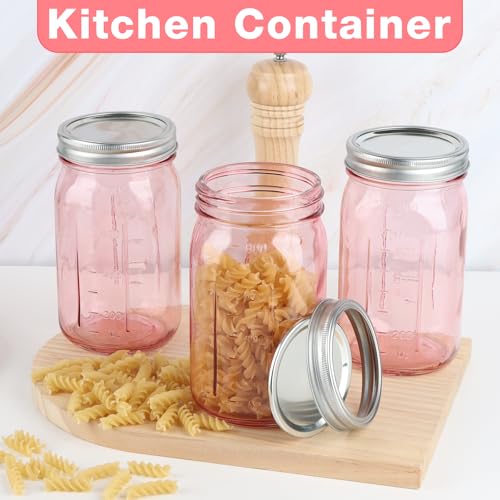 CARBLIN 2 Pack Mason Jars 32 oz, Wide Mouth Canning Jars with Airtight Lids, Glass Pint Jars with Bands Labels Brush, Large Storage Quart Jars for Jam Fermenting Preserving - Pink - color: Pink