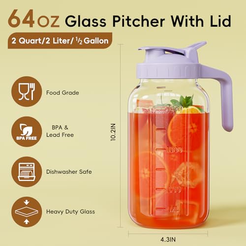 Glass Mason Jar Pitcher, 64 oz Wide Mouth Jug with Pour Spout Handle Lid for Cold Brew Coffee, Ice Beverage, Iced Juice, Lemonade, Sun Tea, Fruit Drinks Container(Purple) - color: Purple, size: 64 Ounces