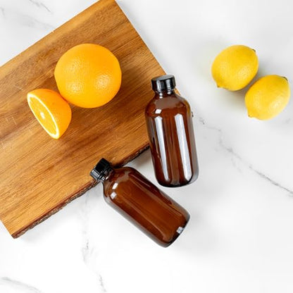 Restaurantware Vetri 8 Ounce Boston Glass Bottles, 12 Sample Bottles With Black Phenolic Caps - Dishwashable, Round, Amber Glass Bottle, For Potion, Juice, Ginger Shots, Whiskey, Liquids - color: Amber, size: 8 oz
