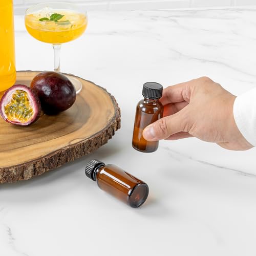 Restaurantware Vetri 1 Ounce Boston Glass Bottles, 48 Sample Bottles With Black Phenolic Caps - Dishwashable, Round, Amber Glass Bottle, For Potion, Juice, Ginger Shots, Whiskey, Liquids - color: Amber, size: 1 oz