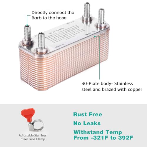 Wort Chiller 30 Plates, 1/2 Barb Fitting Connection, Brazed Plate Copper Heat Exchanger for Homebrew, Stainless Steel 7.5" x 2.9" Plate, Hot Liquid Accelerated Cooler Quick Beer Cooling System