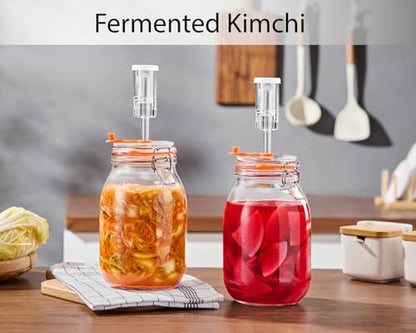 1.8L Wide Fermentation Jars with Airlocks & Glass Weights, 2-Pack | Self-Burping Airlocks Vent Gas Automatically; Glass Weights Keep Ingredients Below the Brine for More Consistent Fermentation - size: 1.8L