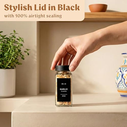 EDELHAUS Glass Spice Jars with Labels (24 x 4oz) Spice Containers with 240 Labels, Shaker Inserts, Funnel, Empty Square Empty Square Seasoning Organizer (Black Lids) - color: Black Lid