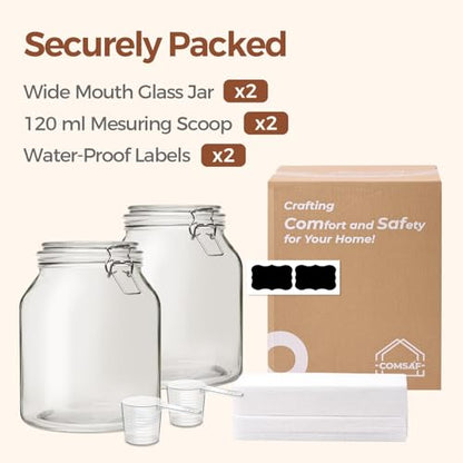 ComSaf 2 Pack 0.7 Gallon (88 Oz) Large Glass Jars with Airtight Lids, Wide Mouth Fermenting Jar for Pantry, Bulk Food Storage Canister for Flour, Sourdough Starter, Pickling, with Scoop - size: 88oz*2