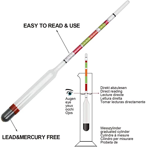 Triple Scale Hydrometer for Home Brewing Beer, Wine, Mead and Kombucha with Glass Test Jar Acessories Storage Box