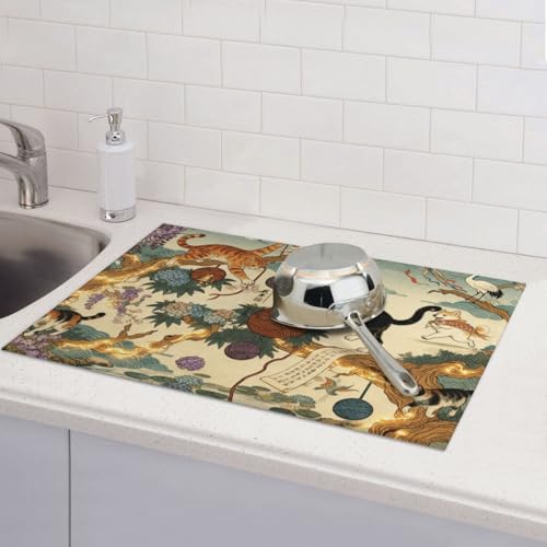 Kitchen Drying Mat for Countertop Oriental Cat Garden Art Pattern Non-Slip Kitchen Counter Mat for Dishes Glassware - color: Beige Teal