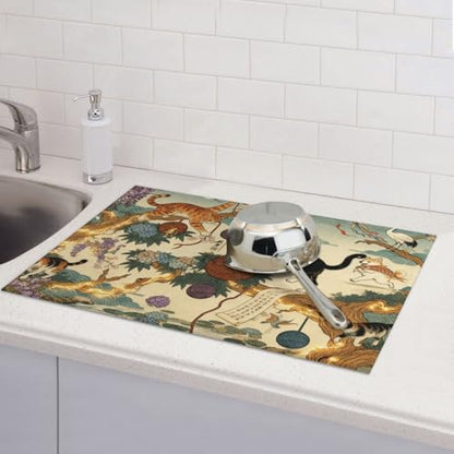Kitchen Drying Mat for Countertop Oriental Cat Garden Art Pattern Non-Slip Kitchen Counter Mat for Dishes Glassware - color: Beige Teal