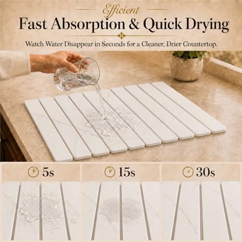 2 PCS Large Stone Dish Drying Mat for Kitchen Counter, 24" x 16" Diatomaceous Earth Dish Mat with 8" x 4" Coaster, Quick Dry Foldable Absorbent Mat for Dishes, Cups, Bottles (White) - color: White