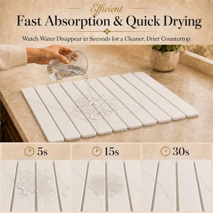 2 PCS Large Stone Dish Drying Mat for Kitchen Counter, 24" x 16" Diatomaceous Earth Dish Mat with 8" x 4" Coaster, Quick Dry Foldable Absorbent Mat for Dishes, Cups, Bottles (White) - color: White
