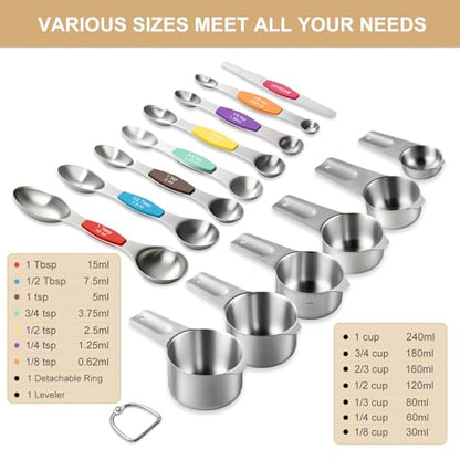 Stainless Steel Measuring Cups & Spoons Set, EWFEN Kitchen Tools Nesting Measuring Cups and Spoons, Fits in Spice Jars for Baking & Cooking, BPA Free, Set of 15 with Leveler, Multicolor - color: Multicolor Spoons