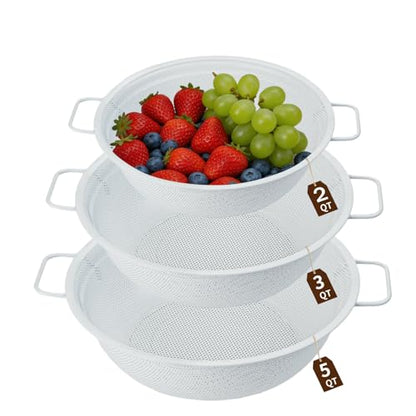 Colander Set with White Coating, Stainless Steel Micro-Perforated Colanders Strainers for Draining Rinsing Washing, Ideal for Vegetables Fruits, Heavy Duty & Dishwasher Safe - color: White