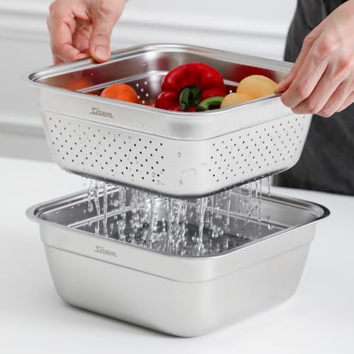 2-in-1 Stainless Steel Washing bowl & Colander Set, 12.5" Heavy-Duty Square Washing Up Bowl for Sink, Food Strainer Mixing Bowl, Food-Grade Basin for Rinsing Fruits, Vegetables, Rice & Pasta