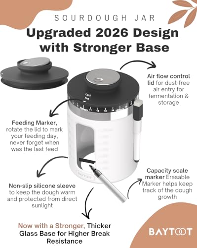 Sourdough Starter Jar Kit 33oz – Wide Mouth Sourdough Fermentation Jar, Upgraded 2026 Sour dough Container Reinforced Thick Glass Base, Airflow Lid, Feeding Tracker & Thermometer (White) - color: white