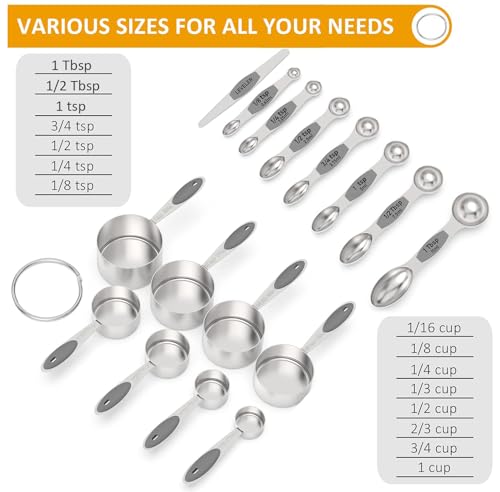 Wildone Measuring Cups and Magnetic Measuring Spoons Set, 16Pcs | 8 Stainless Measuring Cups, 7 Double-sided Magnetic Measuring Spoons & Leveler for Spice Jar and Liquid Measuring, Gray - color: Gray
