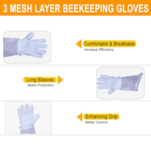 OZBEE 3 Layer Ventilated Beekeeping Suit with Fencing & Round Veil, Goatskin Leather Gloves, Protective Bee Suit - size: 4X-Large