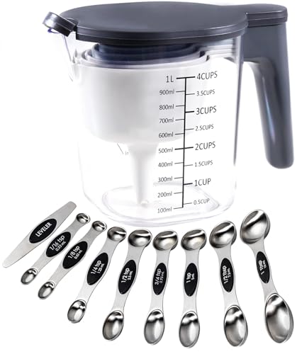 19-Pc Magnetic Measuring Cups and Spoons Set, with Lid, Black | Includes 1 cover, 9 stackable cups set & 9 magnetic spoons, BPA-free & dishwasher safe, for liquid and dry baking gadgets - color: 19 Piece - Black