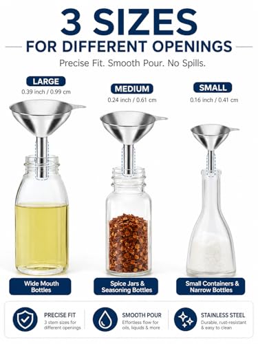 3-Pack Stainless Steel Mini Kitchen Funnel Set, Durable Metal Filling Funnel for Transferring Liquids, Dry Ingredients, Cosmetic Lotions, Liquids, Fragrances, Powders -High Temperature Resistant