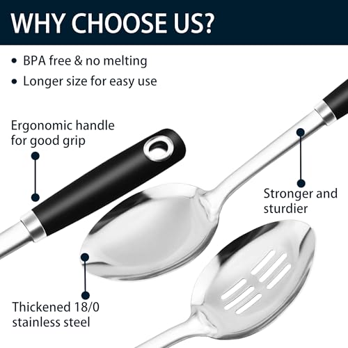 14-in Cooking Spoons Set, Heavy Duty 18/0 Stainless Steel Large Serving Spoons Set, Slotted Spoon, Cooking Spoon & Soup Ladle, Commercial and Residential Use, Pack of 3 - size: Cooking Spoons