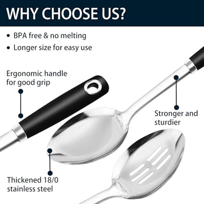 14-in Cooking Spoons Set, Heavy Duty 18/0 Stainless Steel Large Serving Spoons Set, Slotted Spoon, Cooking Spoon & Soup Ladle, Commercial and Residential Use, Pack of 3 - size: Cooking Spoons