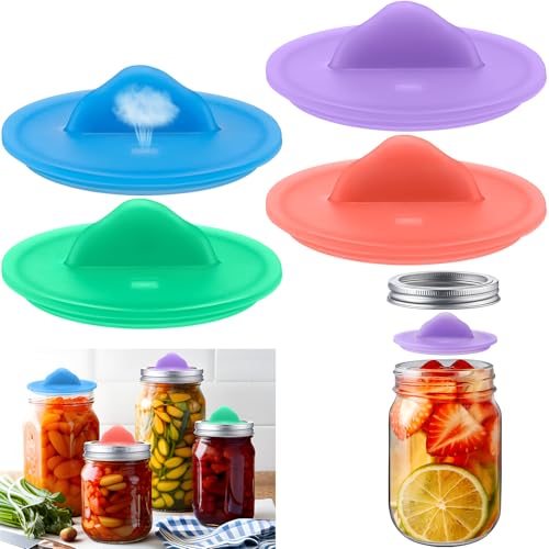 4 Pack Mason Jar Silicone Fermentation Lids for 3" Wide Mouth Jars Waterless Airlock Fermentation Mason Jar Lid Fermenter Caps for Pickles, Kimchi, Fermented Probiotic Food (Pink,Blue,Purple,Green) - color: Pink, Blue, Purple, Green