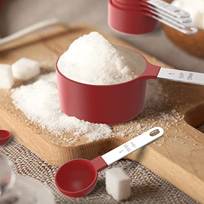TILUCK Measuring Cups & Spoons Set, Stackable Cups and Spoons, Nesting Measure Cups with Stainless Steel Handle, Kitchen Gadgets for Cooking & Baking (Red) - color: Red