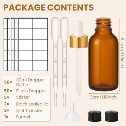 UPBUD 50Pack 1oz Amber Glass Dropper Bottles with Gold Lids, Funnels, Droppers, Extra Caps & Labels – Leakproof, UV Resistant 30ml Empty Bottle for Tinctures, Essential Oils, Beard, Hair Oils - color: Amber-gold-1oz, size: 1oz