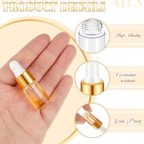 Didaey 200 Pcs 1/2/3/5/10/15 ml Mini Glass Oil Dropper Bottle Bulk, Clear Essential Small Empty Bottles Sample Containers Perfume Liquid Vials with Cap for Traveling (3 ml,Champagne Gold) - color: Champagne Gold, size: 3 ml