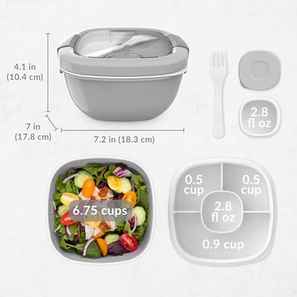 Bentgo Salad Container - 54 oz Bowl with 4-Compartment Toppings Tray, Leak-Proof Dressing Container, Reusable Fork, BPA-Free Lunch Box for Meal Prep & Food Storage; Removable Bento Tray (Gray) - color: Gray