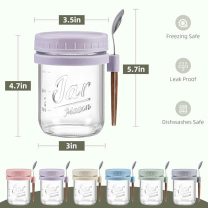 6 Pack Overnight Oats Containers with Lids and Spoons, 16 oz Glass Mason Overnight Oats Jars, Large Capacity Airtight Jars for Milk, Cereal, Fruit - color: 6 colors