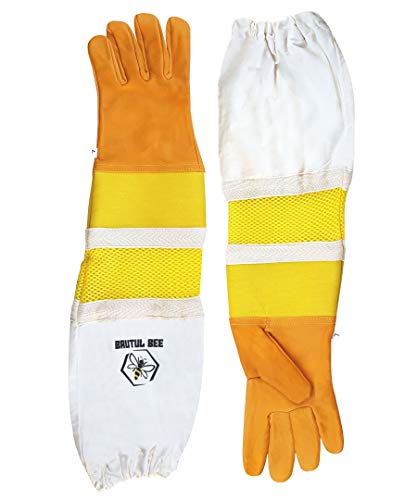 Brutul Bee Beekeeping Cowhide Leather Ventilated Gloves With Rubber & Mesh Cuff Long Protective Vented Sleeves - size: X-Large