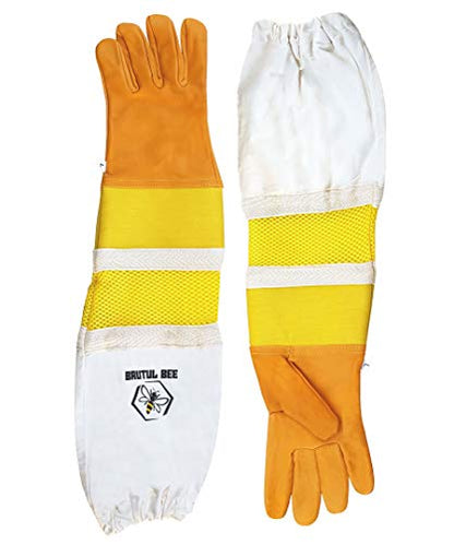 Brutul Bee Beekeeping Cowhide Leather Ventilated Gloves With Rubber & Mesh Cuff Long Protective Vented Sleeves - size: X-Large