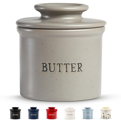 Kook Butter Keeper Dish, French Ceramic Crock For Counter With Lid, Embossed Container, For Soft Butter, Home and Kitchen Decor, (Matte Speckled Grey) - color: Matte Speckled Grey