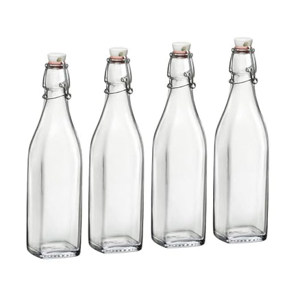 Bormioli Rocco Swing Glass Bottles 33.75 oz – Set of 4 – Airtight Swing-Top Clear Glass Beverage Bottles for Water, Juice, Homemade Infused Drinks, Office & Kitchen Storage - size: 33.75 Oz.