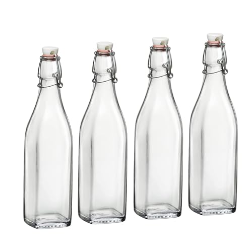 Bormioli Rocco Swing Glass Bottles 33.75 oz – Set of 4 – Airtight Swing-Top Clear Glass Beverage Bottles for Water, Juice, Homemade Infused Drinks, Office & Kitchen Storage - size: 33.75 Oz.