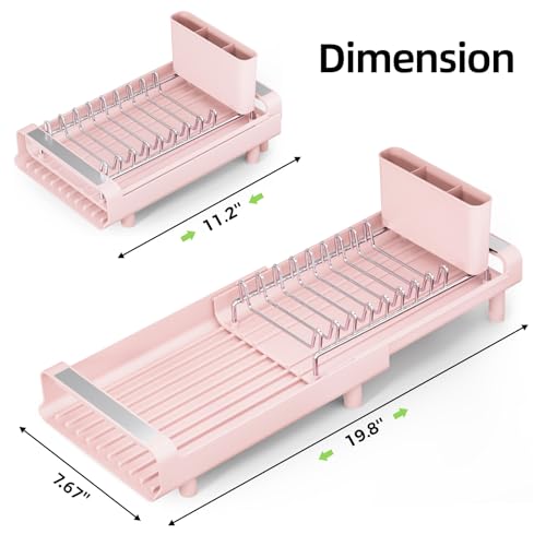 TOOLF Small Dish Drying Rack, Mini Expandable Compact Dish Rack, Slim Extendable Stainless Steel Dish Drainer for Kitchen Plate Storage, Space Saving Dish Strainer in Sink or on Home Countertop, Pink - color: Pink