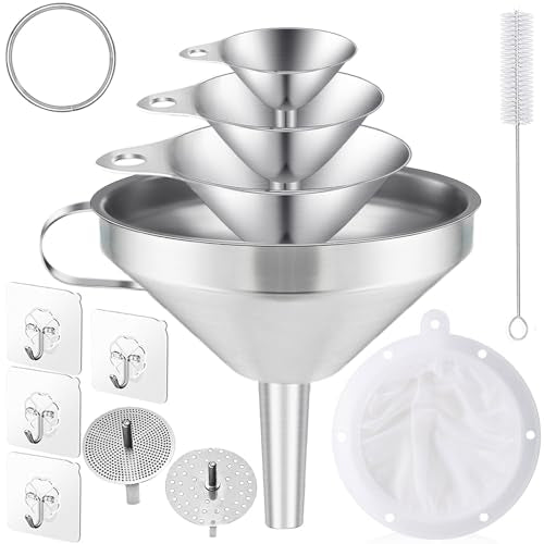 Toncoo 4 Pack Stainless Steel Funnels for Kitchen Use, Food Grade Cooking Funnel with 2 Strainer, Kitchen Funnel Set Metal Funnels for Filling Bottles
