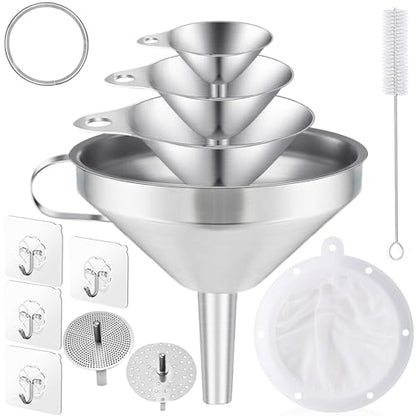 Toncoo 4 Pack Stainless Steel Funnels for Kitchen Use, Food Grade Cooking Funnel with 2 Strainer, Kitchen Funnel Set Metal Funnels for Filling Bottles