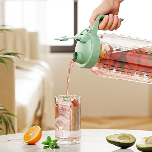 JunVpic Glass Mason Jar Pitcher, 64oz (2 Quart) Wide Mouth Jug with Dual Leak-Proof Pour Spout, Handle Lid for Fruit Drinks, Cold Brew Coffee, Ice Beverage, Iced Juice, Lemonade, Sun Tea Container - color: Light Green, size: 64 Ounces
