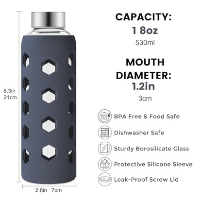 Mrsdry Glass Juice Bottles with Lids and Silicone Sleeves 18 oz, 4-Pack Reusable Clear Glass Water Bottles with Stainless Steel Airtight Cap for Juicing, Refrigerator, BPA Free Leak-Proof Drinking Jar - color: Gray