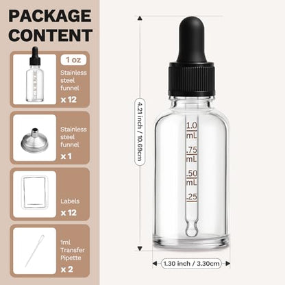 12 Pack, 1 oz Tincture Bottles with Dropper, Clear Glass Dropper Bottle with Stainless Steel Funnel, Pipettes & Labels, 30 ml Eye Dropper Bottles leakrproof For Essential Oils Serums Hair Body Oils - color: Clear
