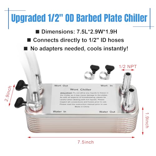 FERRODAY Wort Chiller, 20 Plate 1/2 Barb Fitting Plate wort Chiller, Stainless Steel Brazed Plate Heat Exchanger for Homebrew, beer brewing chiller Wort Cooler Heat Exchanger-7.5" x 1.9"