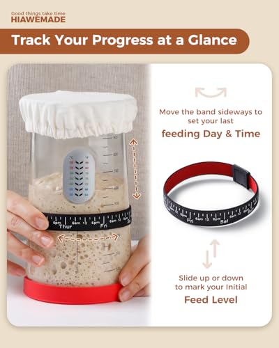 40oz Sourdough Starter Jar with Feeding Tracker – Thickened Clear Glass Fermentation Jar (1.2L) w/Date Marked Band, Thermometer Strip, Cloth Cover & Spatula – Sourdough Kit for Home Bakers