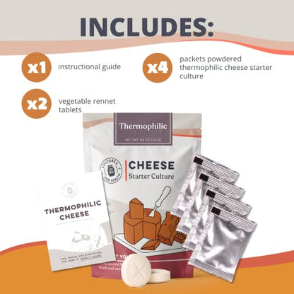 Cultures for Health Thermophilic Cheese Starter Culture | 4 Gluten-Free Direct-Set Packets + 2 Vegetable Rennet Tablets | DIY Hard Cheese–Parmesan, Mozzarella, Asiago & Swiss