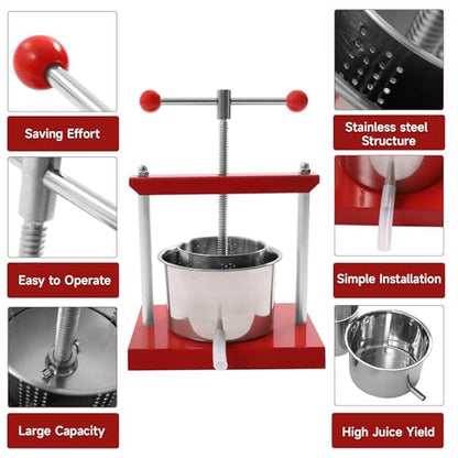 3L/0.8Gal Fruit Wine Press Stainless Steel Barrels Manual Juice Maker Cider Apple Grape Tincture Vegetables Honey Olive Oil Making Press with T-Handle for Herb Vegetables Outdoor & Home Kitchen Use - size: 3L/0.8Gallon with T-shaped