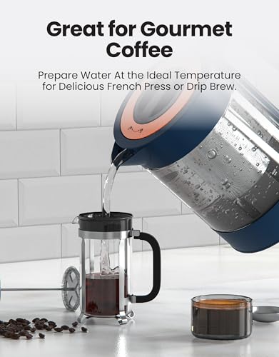 Viante Alba Electric Tea Kettle, Infuser, No Plastic, 1.5L, Midnight Blue | Borosilicate glass & 304 stainless steel construction. 4 temp presets, keep-warm, cordless, auto shut-off - style: Midnight Blue